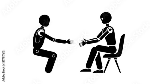 Silhouette of a humanoid robot sitting and thinking, or shaking hands with a human, future technology concept.