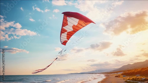 A red and white kite is flying in the sky. The kite is in the air and is not touching the ground