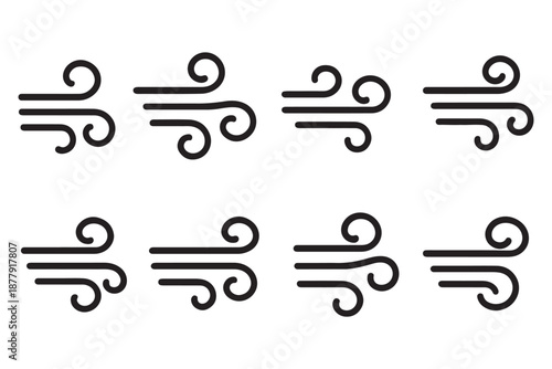 Wind line doodle set. Blue hand drawn wind swirls and gusts. Decorative breeze symbols for weather, nature, and climate designs.