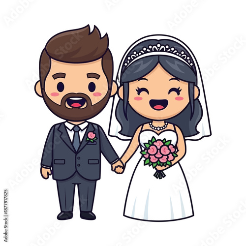 Cartoon illustration of a smiling bride and groom holding hands with a solid white background.