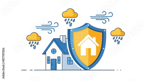 Home insurance safety shield protecting house from storm, rain, and wind, illustrating security and protection of property from natural disasters