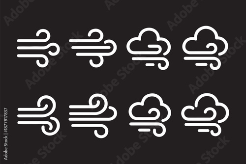 Wind line doodle set. Blue hand drawn wind swirls and gusts. Decorative breeze symbols for weather, nature, and climate designs.