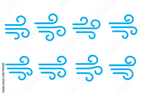 Wind blow line icon. Hand drawn air wave icon. Outline wind movement symbol isolated on white background. Windy icon. Hand drawn doodle wind air blow, swirl elements