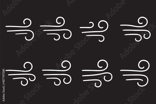 Wind blow line icon. Hand drawn air wave icon. Outline wind movement symbol isolated on white background. Windy icon. Hand drawn doodle wind air blow, swirl elements