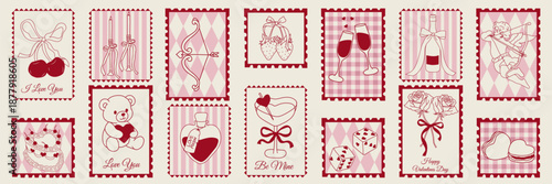 Valentine’s Day hand drawn vintage postcard set with hearts, cherries, cupid, teddy bear, cakes, wine. Vector doodle sketch illustration