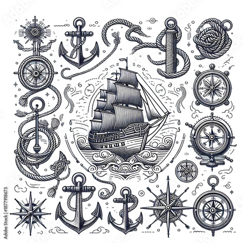 Vintage nautical elements with a majestic sailing ship at sea, evoking adventure and exploration.