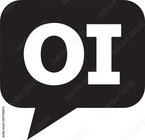 Black speech bubble icon with white letters oi