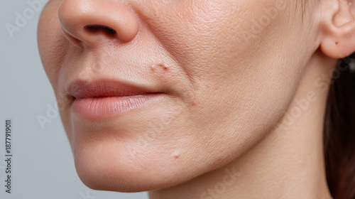 Small bumps and skin texture on cheek and chin area of person with natural skin tone and soft lighting highlighting facial details and pores