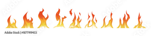 Flame animation sprite sheet. Fire movement sequence frame for games, videos, motion designs. Cartoon 2d set. Burning fire of candle, torch, bonfire. Vector illustration isolated on white background.