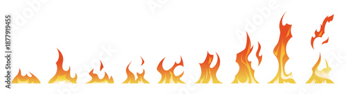Fire animation sprite kit. Flame movement sequence frame for games, videos, motion designs. Cartoon 2d vector set. Burning fire of candle, torch, bonfire. Illustration isolated on white background.