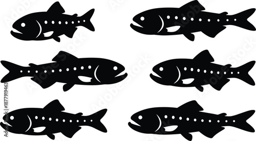 Fish silhouette set, freshwater trout vector clipart for fishing designs, laser cutting, decals, stickers, logos, and aquatic wildlife graphic crafting projects