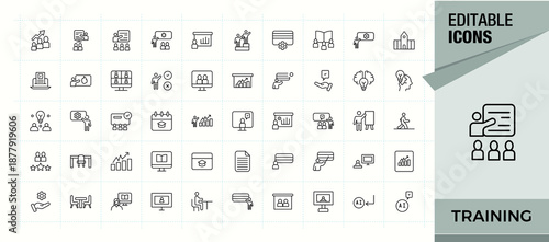 Training line icon set. Teaching modern vector ui icons. Minimal linear icons. Education icon set. Editable vector art and illustration.
