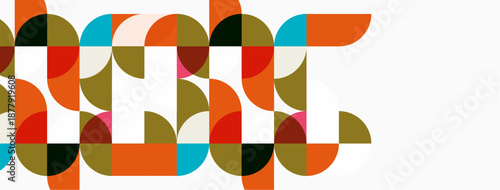 Abstract geometric pattern. Circles, semicircles, shapes overlap creating colorful design. Modern aesthetic, simple composition.