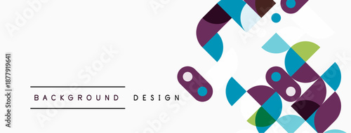 Abstract geometric shapes overlap, creating vibrant background design. Colors include purple, teal, green, blue, white. Modern aesthetic.