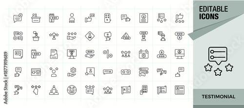 Testimonial icon pack. Minimal icons set. Editable vector art and illustration. Experience icon. Contain linear sign review, opinion, appreciation, rating, comment and more.