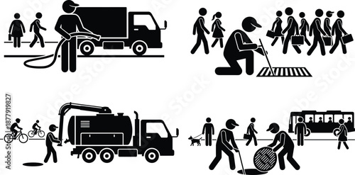 Municipal workers cleaning streets and maintaining sewer systems in urban areas, public sanitation services, infrastructure maintenance, city utility crew silhouette illustration
