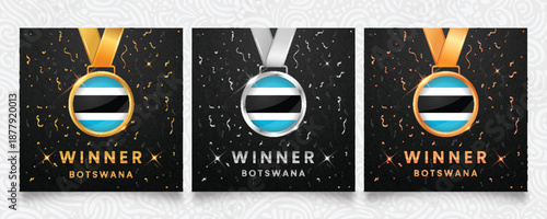 Set of three winner medals featuring Botswana flag colors. Displayed on a dark background with golden and silver confetti accents and glittering highlights. Vector illustration.