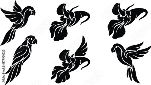 Parrot and tropical bird silhouette bundle, flying parrot vector set for vinyl crafting, printing, decals and digital design
