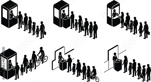 People waiting in line at ticket booth entrance, queue for event admission, public access control, ticketing service, crowd management silhouette illustration