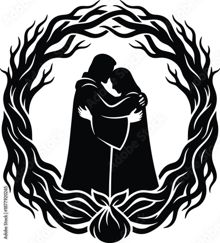 Romantic couple silhouette inside floral wreath, love themed vector illustration for wedding designs, vinyl cutting, printing and crafting projects