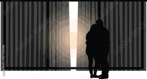 Romantic couple silhouette standing together in front of glowing light doorway, dramatic shadow scene for love themed posters, design, artwork