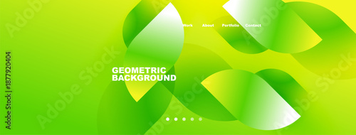 Bright green abstract shapes overlap. Text reads geometric background, plus menu options blog, about, portfolio, contact. Dots indicate navigation.