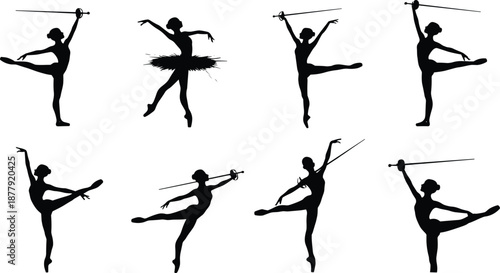 Silhouette ballerina performing ballet with sword and rapier poses, graceful classical dance movement, elegant female dancer figures isolated on white background