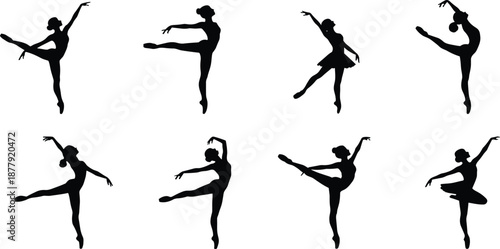 Silhouette ballerina performing classical ballet dance poses, elegant female dancer movements, graceful artistic figures isolated on white background