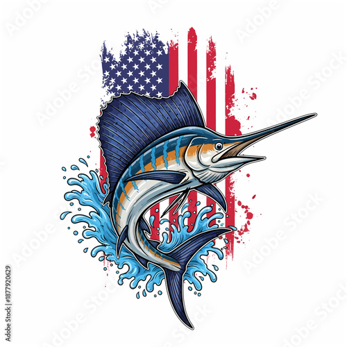 american flag sailfish jumping out of water with blue ocean splash vector illustration