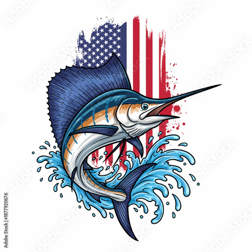 american flag sailfish jumping out of water with blue ocean splash vector illustration
