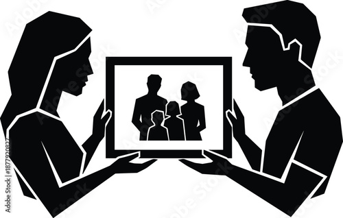 Silhouette couple holding family photo frame, separation and shared parenting concept, divorce discussion, custody and responsibility, emotional relationship illustration artwork