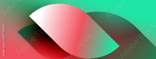 Abstract design features overlapping gradients. Red, turquoise, green hues blend smoothly creating dynamic visual effect. Minimalist composition.