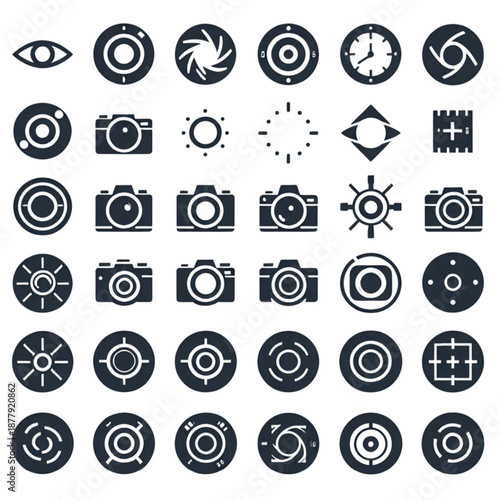 Collection of camera lens aperture symbols, camera icons, and eye symbols for photography