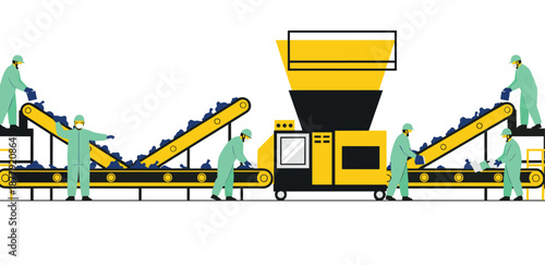 Industrial Recycling Plant Vector Illustration Featuring Conveyor Belts, Sorting Machinery, and Factory Workers for Waste Management, Manufacturing, and Environmental Design Projects
