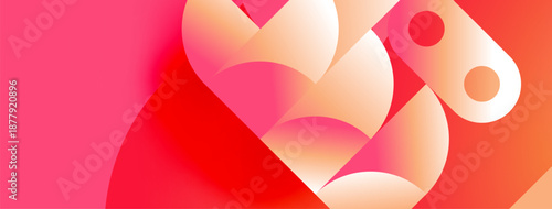 Abstract shapes overlap, creating vibrant red, pink gradients. Smooth curves suggest movement, depth within minimalist design.