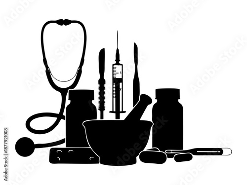 Pharmacy and Medical Supplies Silhouette Collection for Healthcare Design