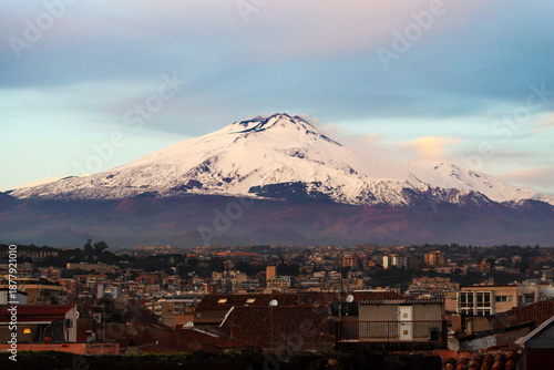 View of the city as well as Mount Etna from Church of the Abbey of Saint Agatha, Catania, Sicily, Italy