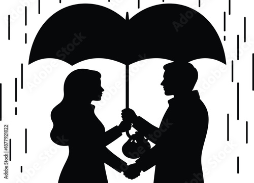Silhouette couple sharing umbrella in rain, love and protection concept, romantic gesture, emotional support, trust and togetherness illustration artwork