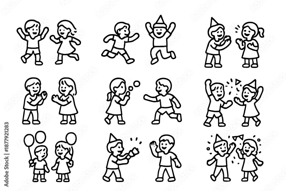 Naklejka premium Birthday Party Icons. Birthday party kids playing. Line outline icon set of birthday party kids playing: kids