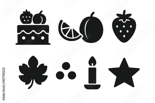 Fruit Birthday Icons. Fruit-Themed Birthday. Filled icon set of Fruit-Themed Birthday: fruit cake, lemon slice