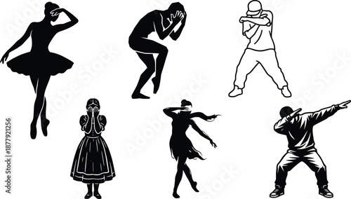 Silhouette dancer emotional poses, modern street dance and ballet movement, expressive body language illustration, dramatic gesture figures art design