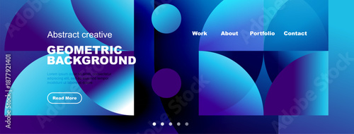 Modern website banner features vibrant geometric shapes, text overlays, navigation menu. Blue, purple hues dominate design.