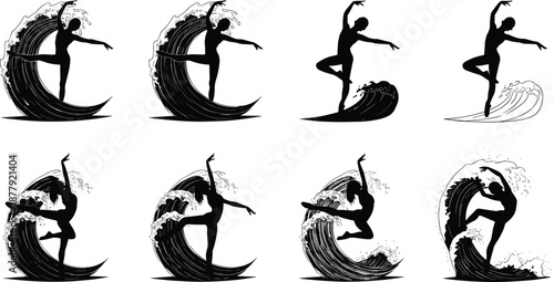 Silhouette dancer performing on ocean wave, elegant ballet pose blended with water splash, artistic movement illustration symbolizing power and grace