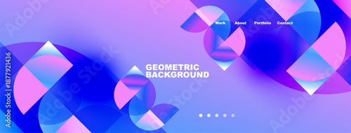 Abstract geometric background. Vibrant blue, pink hues dominate design. Text includes Work, About, Portfolio, Contact. Modern aesthetic.