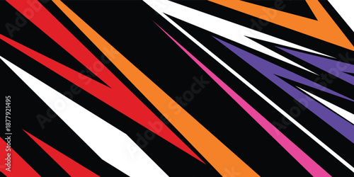 Sharp and colorful background with angled shapes in red, blue, orange, and teal. Energetic and bold design suited for digital artwork and visual pop culture projects.