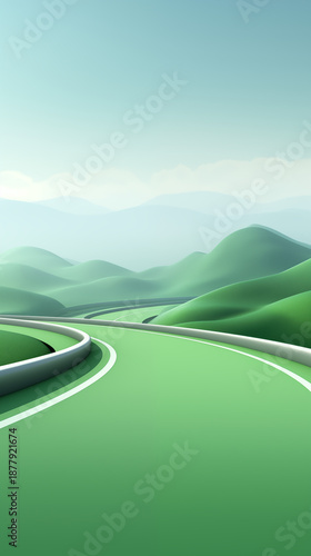 Abstract Winding Green Road Through Stylized Hilly Landscape Under Clear Blue Sky for Modern Background or Travel Concept