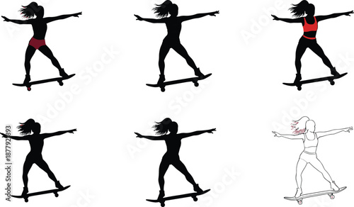 Silhouette girl skateboarding, surfer-style stance on balance board, sporty female skateboard pose illustration, fitness outdoor extreme sport concept design