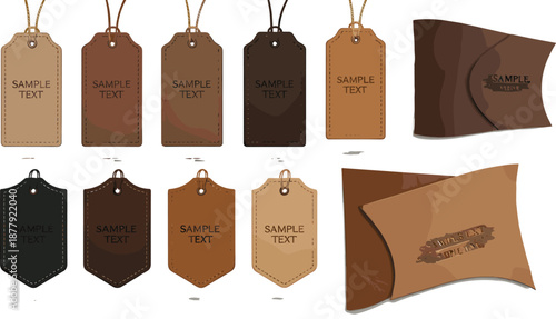 Leather Tags and Labels Vector Set Featuring Brown Vintage Price Tags, Product Labels, and Branding Elements for Clothing, Packaging, and Retail Design Projects