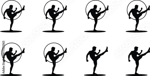 Silhouette male martial artist performing high kick poses, dynamic karate and taekwondo movement, powerful fighter figures isolated on white background
