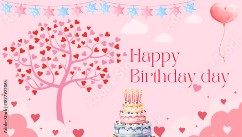 Happy Birthday celebration typography design with birthday cake for greeting card, poster or banner. 